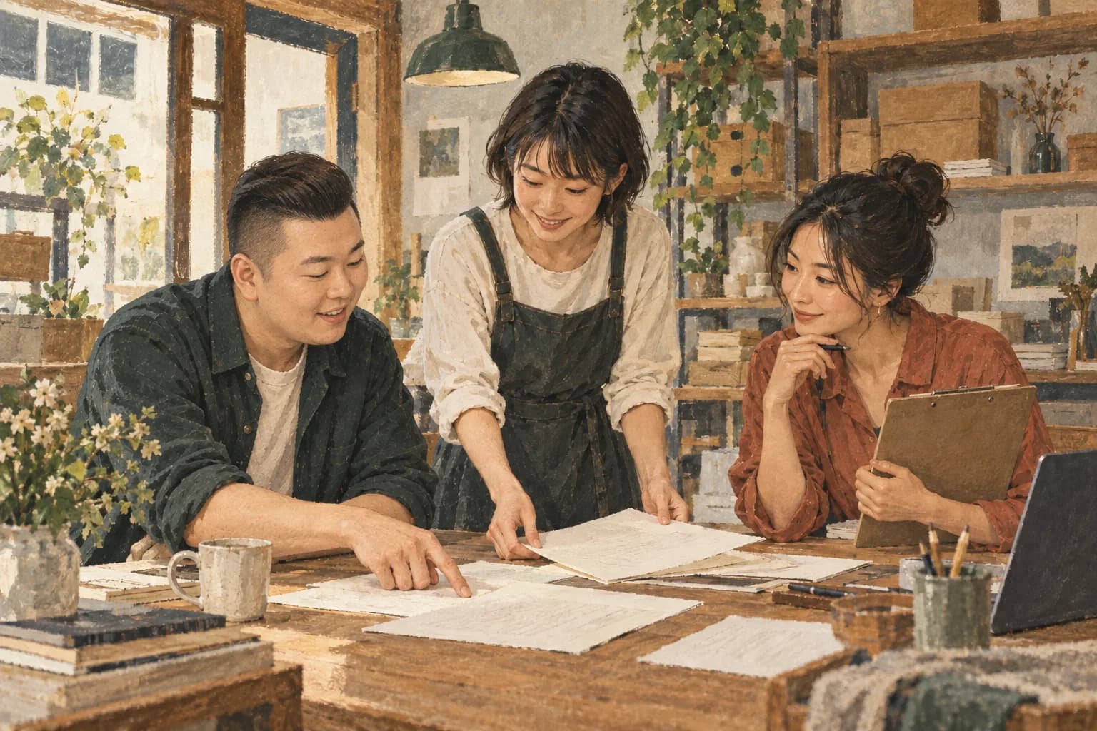 插畫:三位夥伴在工作桌前討論分工